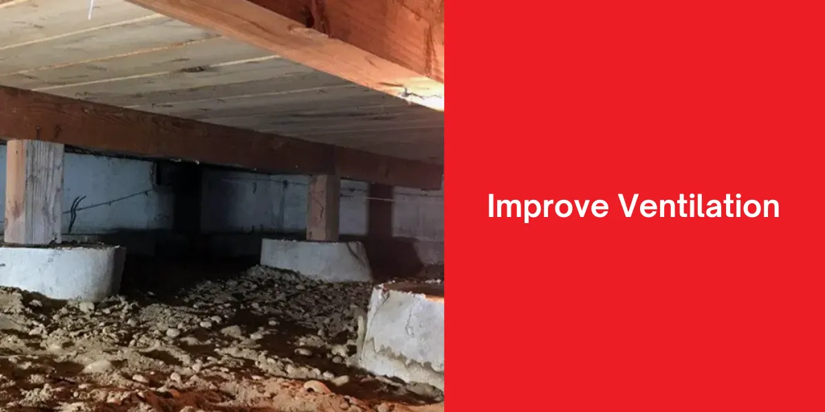 Improve Ventilation A crawl space with exposed wooden beams and a pipe, with dry soil visible and space for improved ventilation
