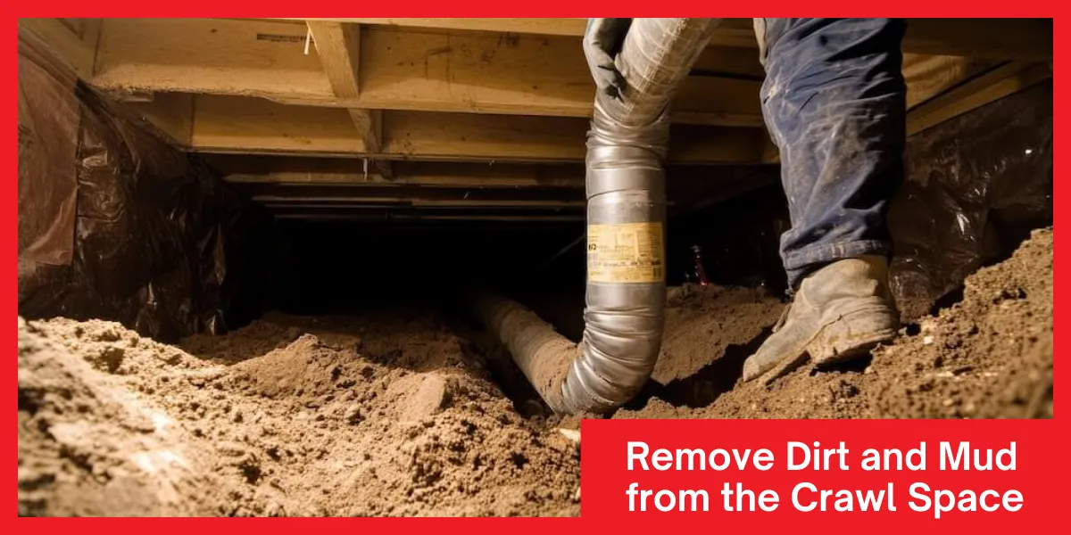 Remove Dirt and Mud from the Crawl Space A person removing dirt and mud from a crawl space, demonstrating cleaning efforts to improve conditions.