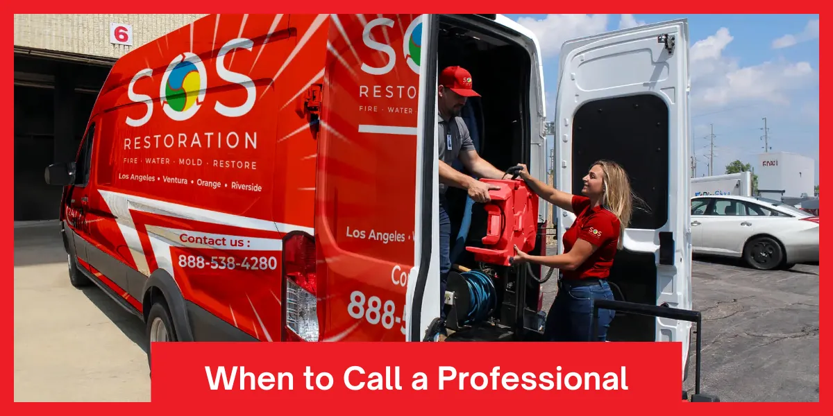 When to Call a Professional Two professionals loading water removal equipment into a red van with SOS Restoration branding.