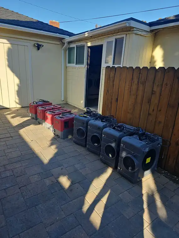A row of low-grain refrigerant dehumidifiers staged on a driveway before a water damage job