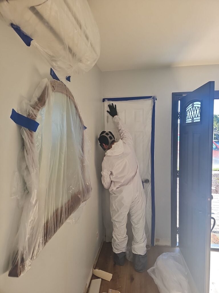 Sealed containment barrier with a zippered door isolating a mold job